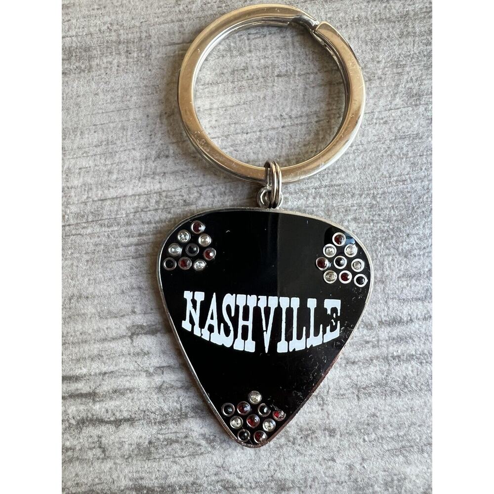Vintage Black Rhinestone Nashville Guitar Pick Keychain Musician County Music
